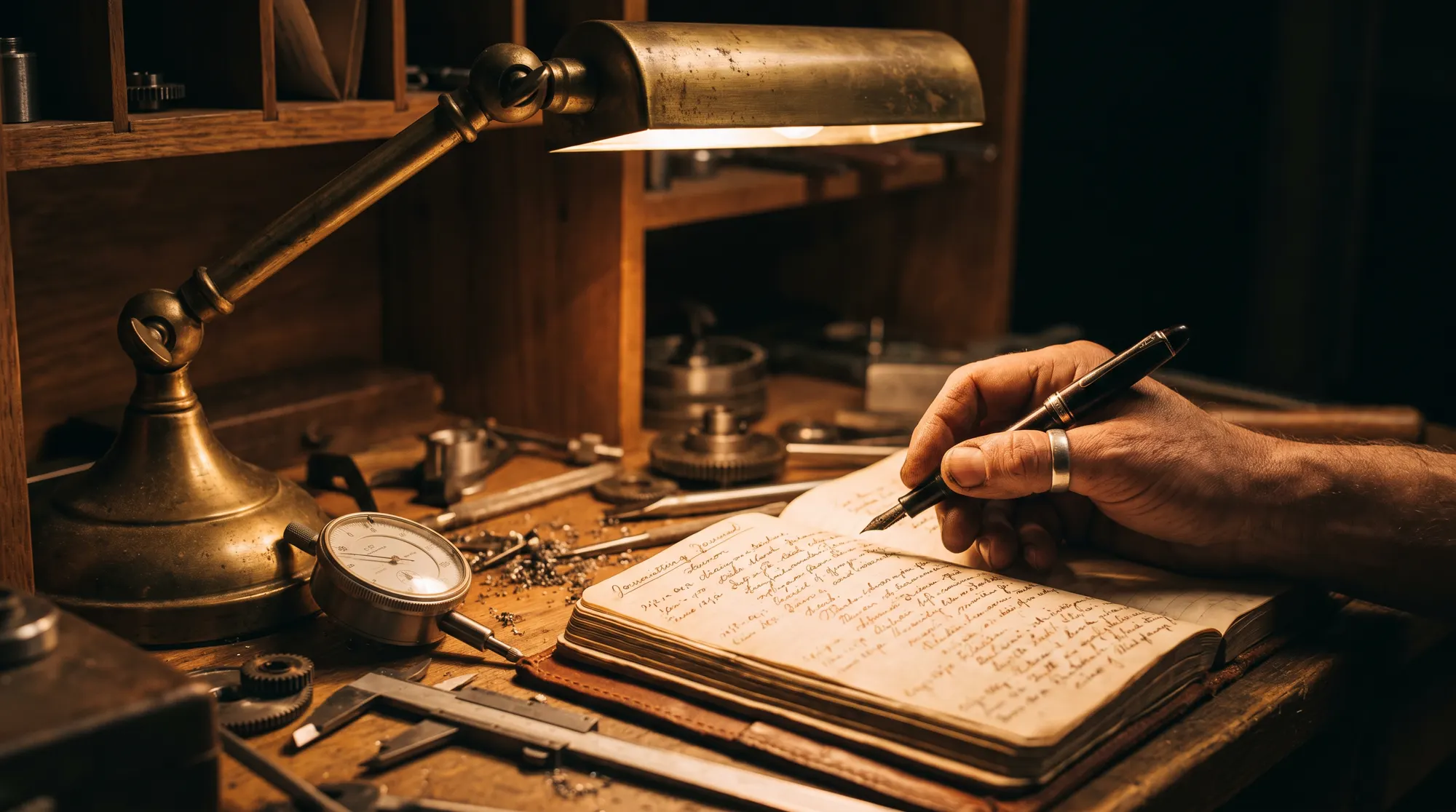 La mano di un artigiano firma un registro rilegato accanto a un comparatore di precisione e a calibri d'acciaio, sotto una calda lampada da lavoro
